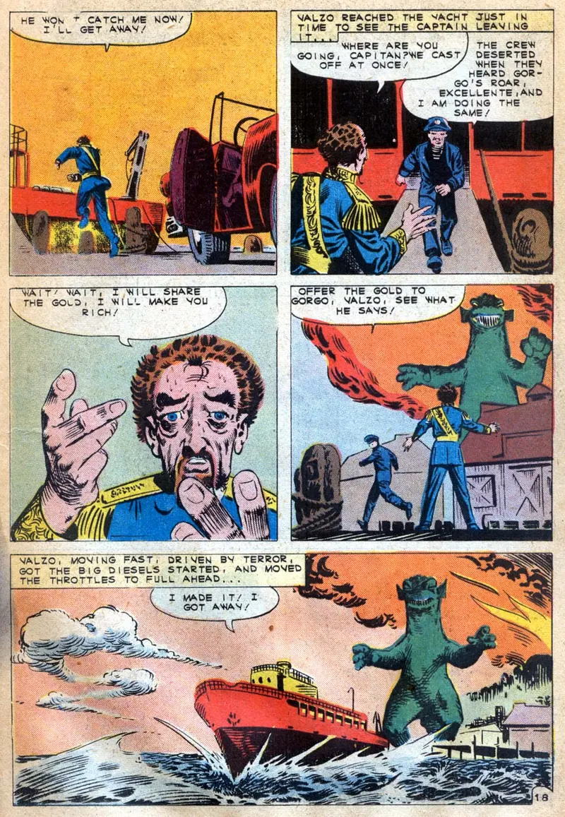 A comic page of five panels: a man in a gold-trimmed uniform runs for a yacht, pleads with its departing captain, and speeds away by boat while the giant monster Gorgo towers behind him.