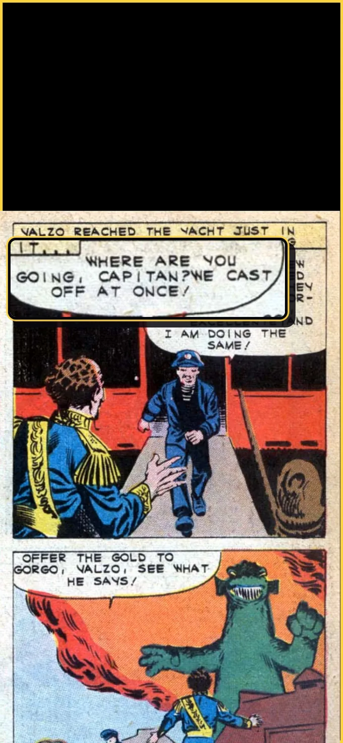A phone screen in the LiveComics reader with Pop out balloons on: a comic panel of a man in a gold-trimmed uniform calling to a ship's captain on a dock, with his speech balloon lifted out of the art, enlarged and outlined in gold.