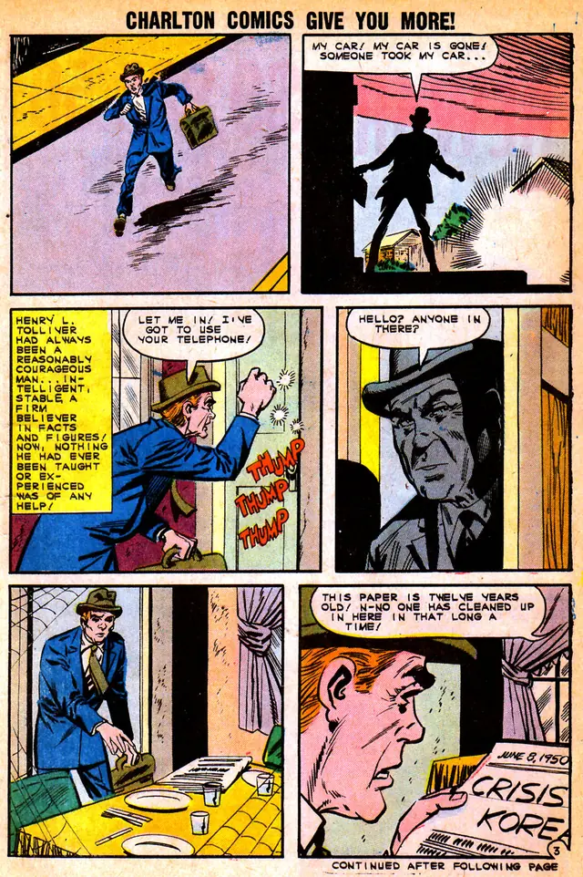 A comic page with six panels: a man runs down a street, finds his car gone, knocks on a door, peers inside, and reads an old newspaper.