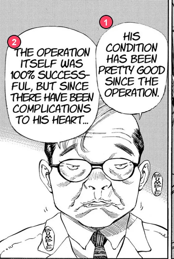 A manga panel with two speech balloons above a man in glasses, numbered 1 on the right and 2 on the left.