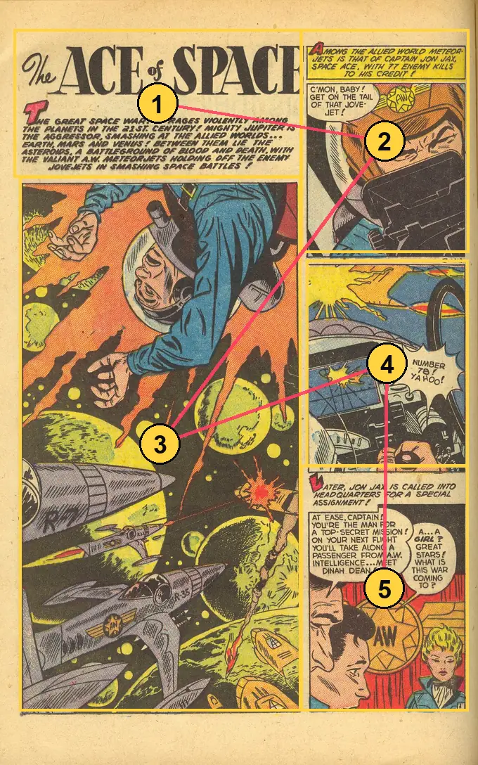 A splash page numbered 1 to 5: a title block and a small panel across the top, a big battle scene below on the left, and two small panels stacked on the right.