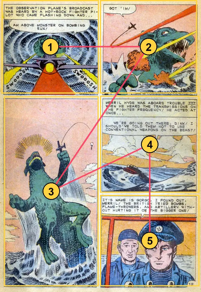 A comic page numbered 1 to 5: two panels across the top, then a tall panel on the left (3) and two panels stacked on the right (4 and 5).