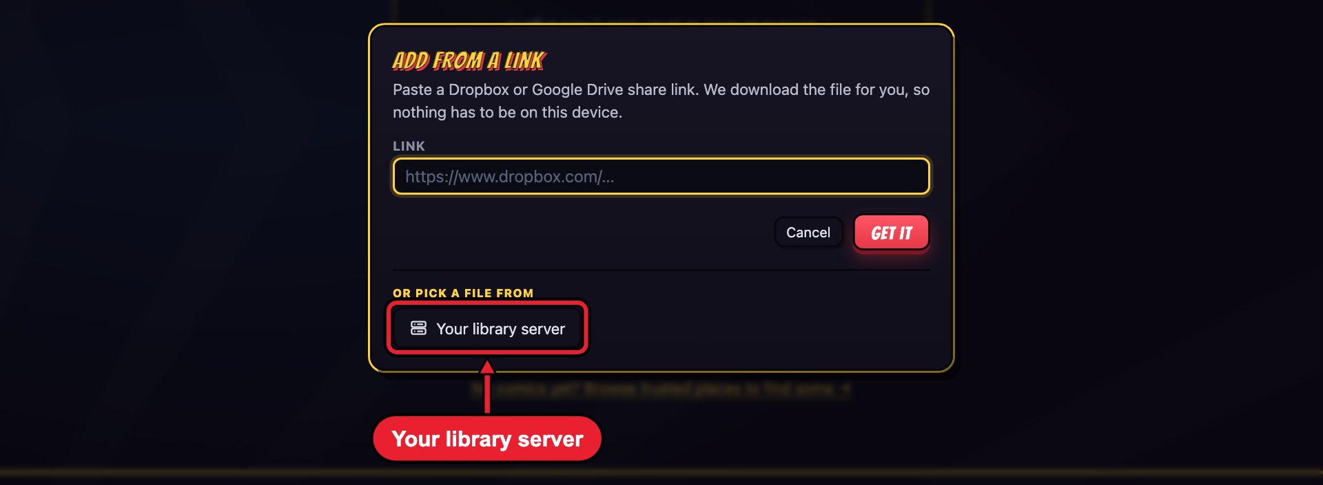The Add from a link window. A red box surrounds the Your library server button under Or pick a file from, with the label: Your library server.