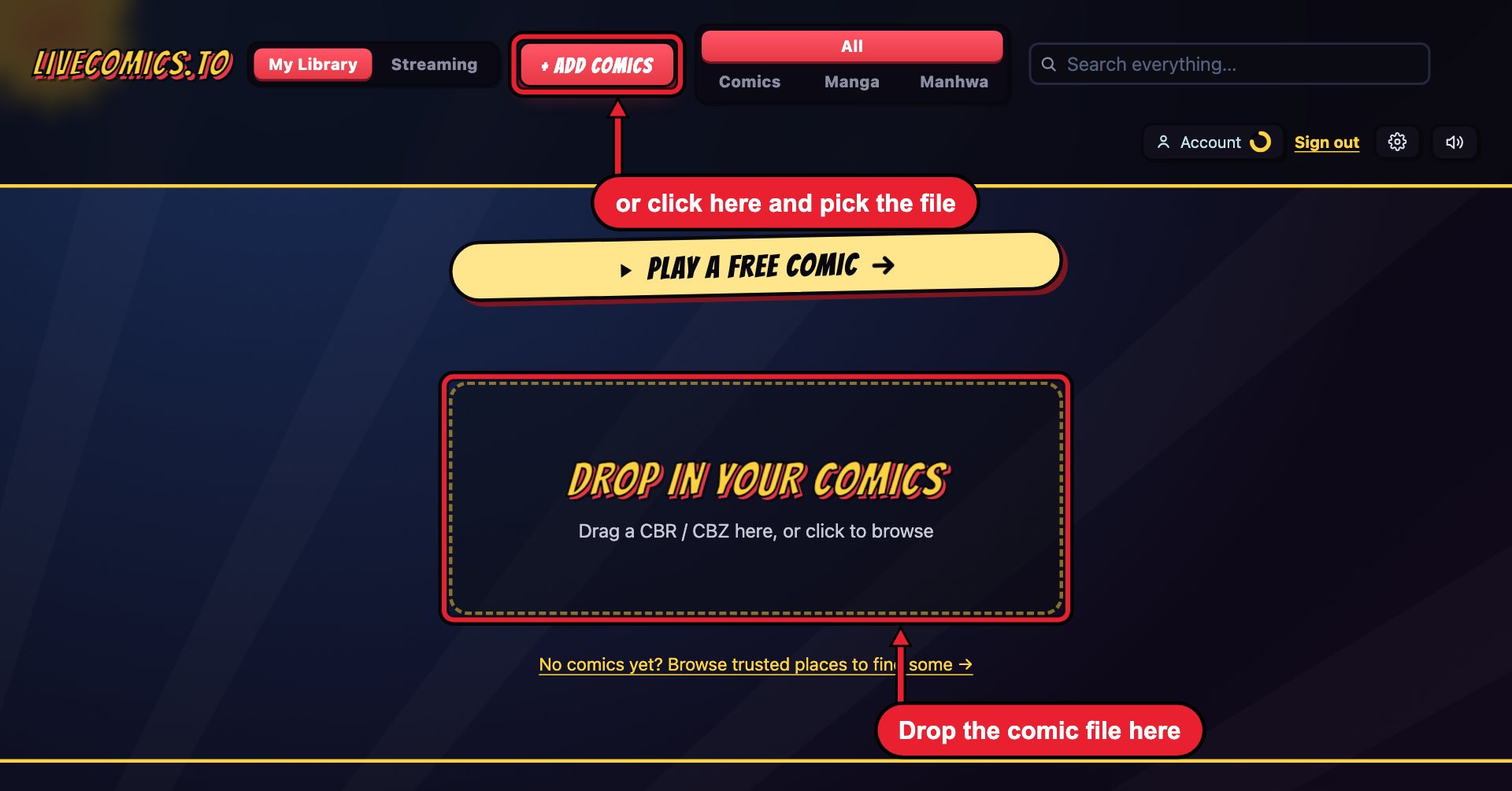 The LiveComics library. A red box surrounds the large dashed box in the middle of the page labelled Drop in your comics, with the note: drop the comic file here. A second red box surrounds the red Add Comics button at the top of the page, with the note: or click here and pick the file.