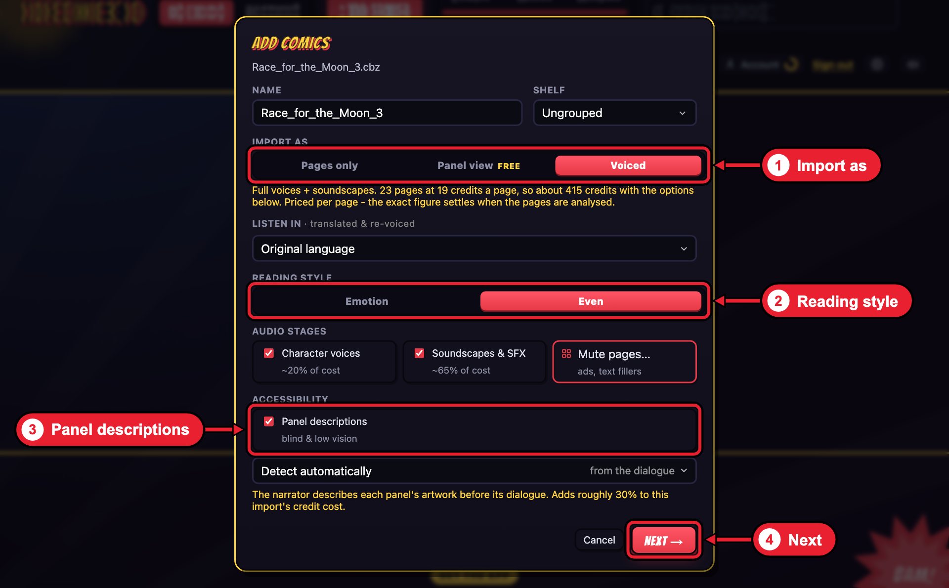 The Add Comics window with four red boxes. 1: the Import as choices, with Voiced picked. 2: the Reading style choices, Emotion and Even. 3: the ticked Panel descriptions checkbox. 4: the Next button at the bottom right.