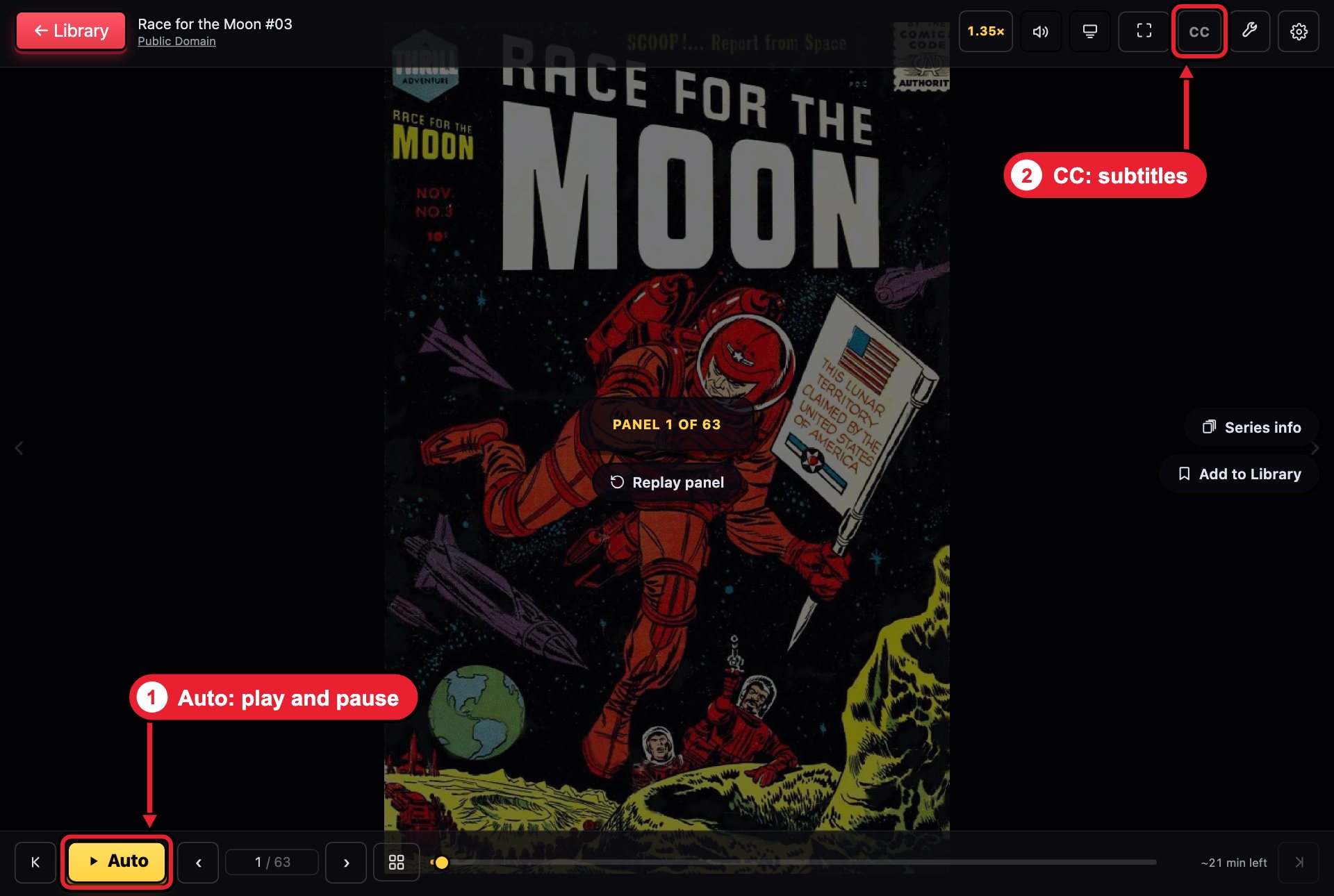 The comic reader showing the cover of Race for the Moon number 3, with its buttons showing. Red box 1 surrounds the yellow Auto button at the bottom left, labelled: Auto, play and pause. Red box 2 surrounds the CC button at the top right, labelled: CC, subtitles.