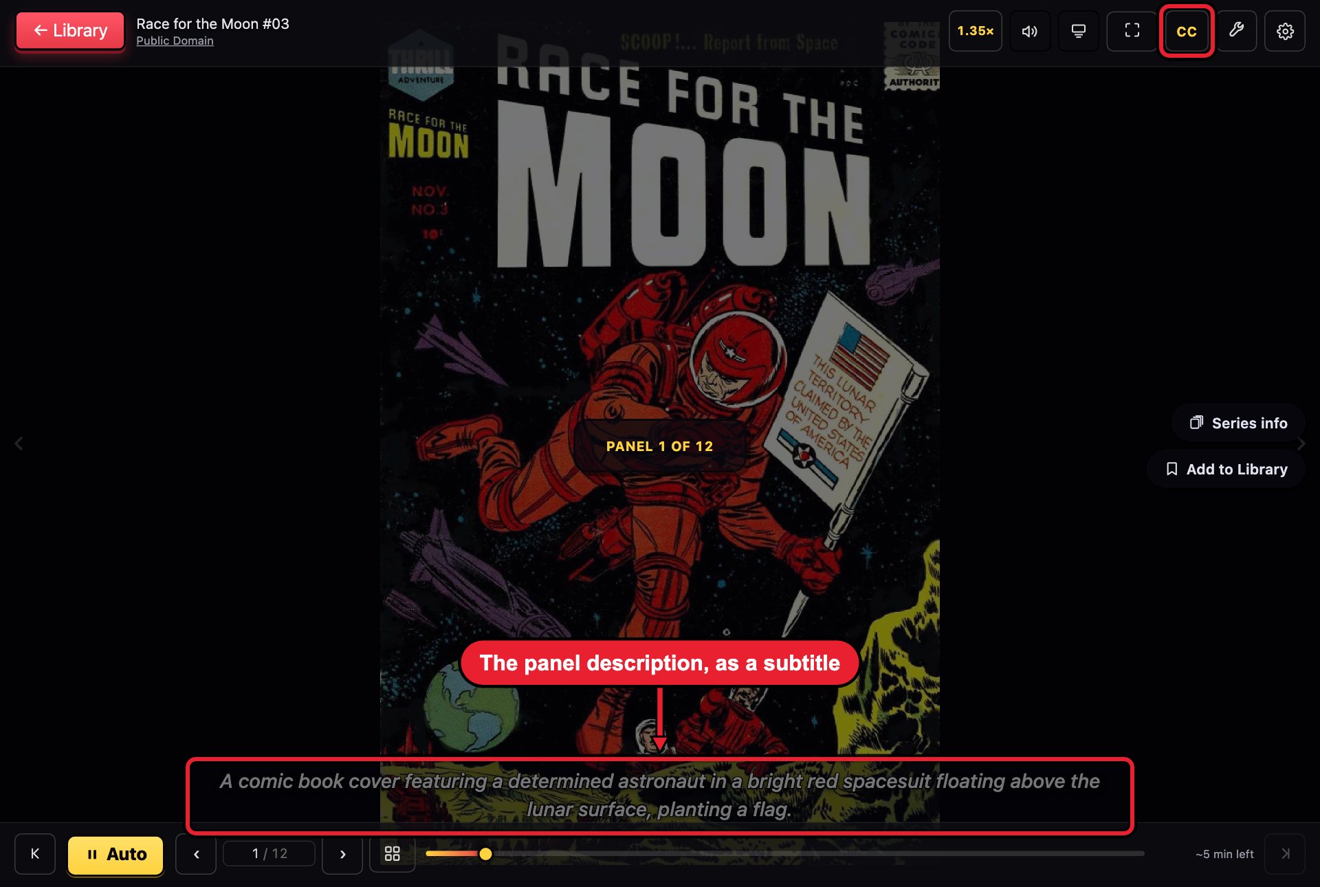 The same reader with subtitles on. The CC button is lit yellow. Across the bottom of the cover, a red box surrounds the subtitle: A comic book cover featuring a determined astronaut in a bright red spacesuit floating above the lunar surface, planting a flag.